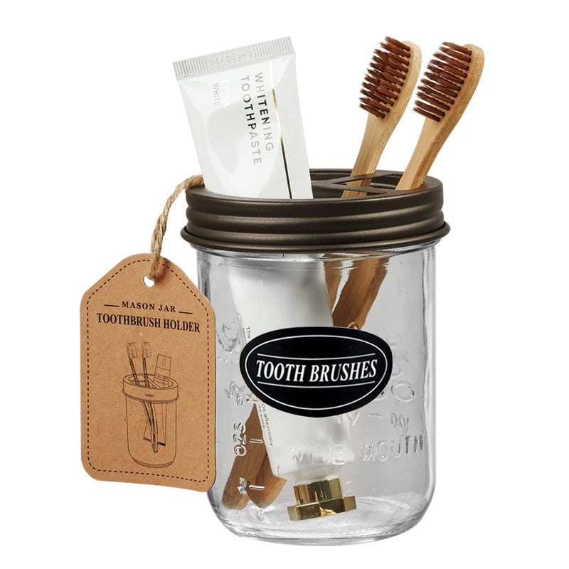 Komashr Mason Jar Toothbrush Holder -Bronze - with 16 Ounce Mason Jar,Premium Rustproof 304 Stainless Steel Lid and Chalkboard Labels - Rustic Farmhouse Decor Black Bathroom Accessories - Image 2